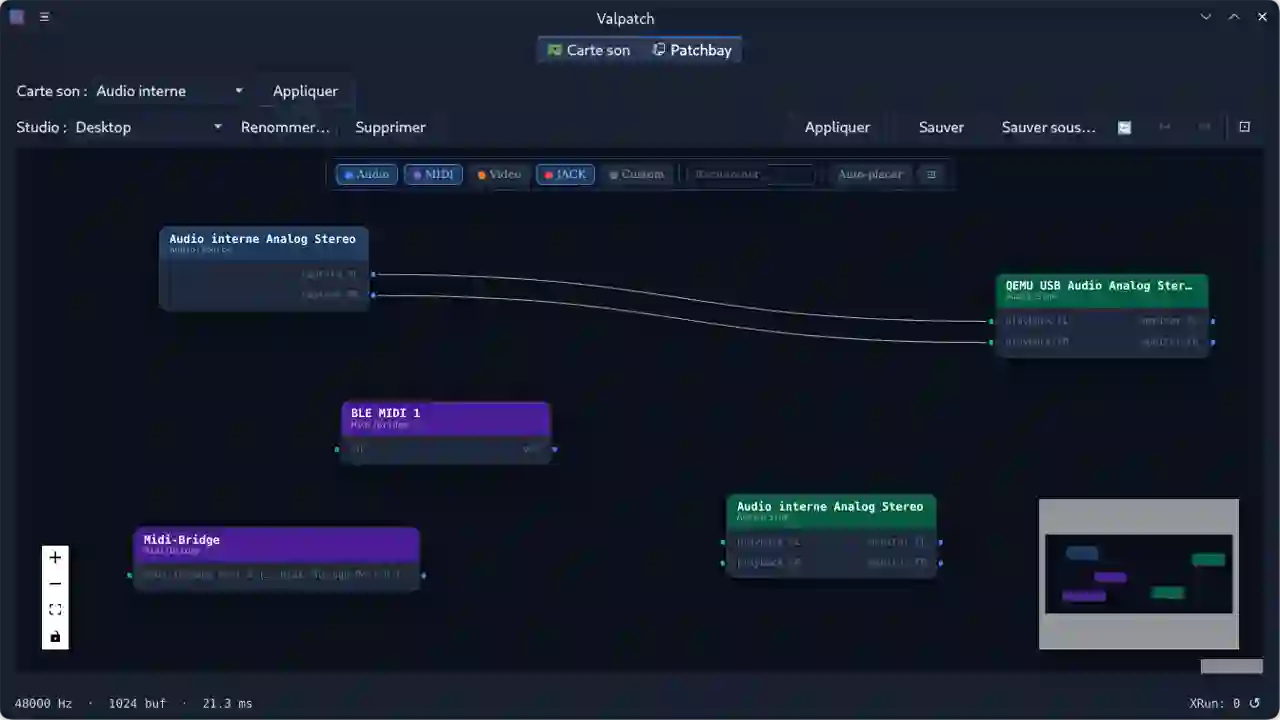 Patchbay graphique — connexions audio et MIDI